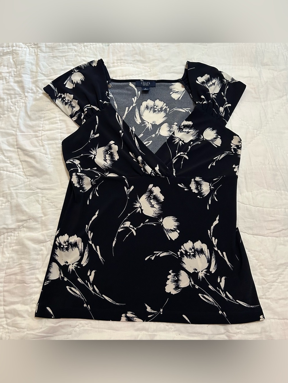 Chaps Ralph Lauren Floral Blouse Wrap Bodice Empire Waist Womens L Summer Office